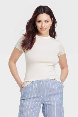 Women's Short Sleeve Ribbed T-Shirt - A New Day™ Cream/White XL: Cotton Modal Blend, Crew Neck, Pullover
