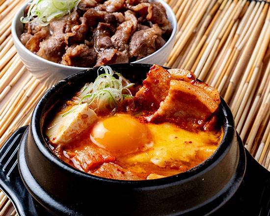 豚チーズスンドゥブ～ミニカルビ丼セット～ Pork and Cheese Sundubu with Kalbi Rice Bowl Set