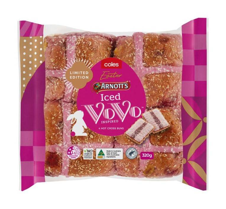 Coles Arnotts Iced Vovo Hot Cross Buns (320g, 4 pack)