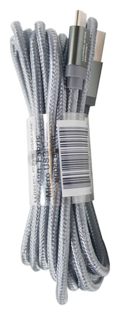 Wireless Gear Fabric Micro Usb-C Charging Cable, 10 ft, Gray