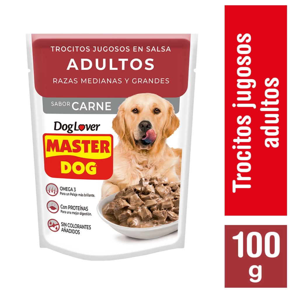Master Dog · Alimento húmedo en trozos para perros - Carne - Adulto-Raza Mediana-Grande (100 g)