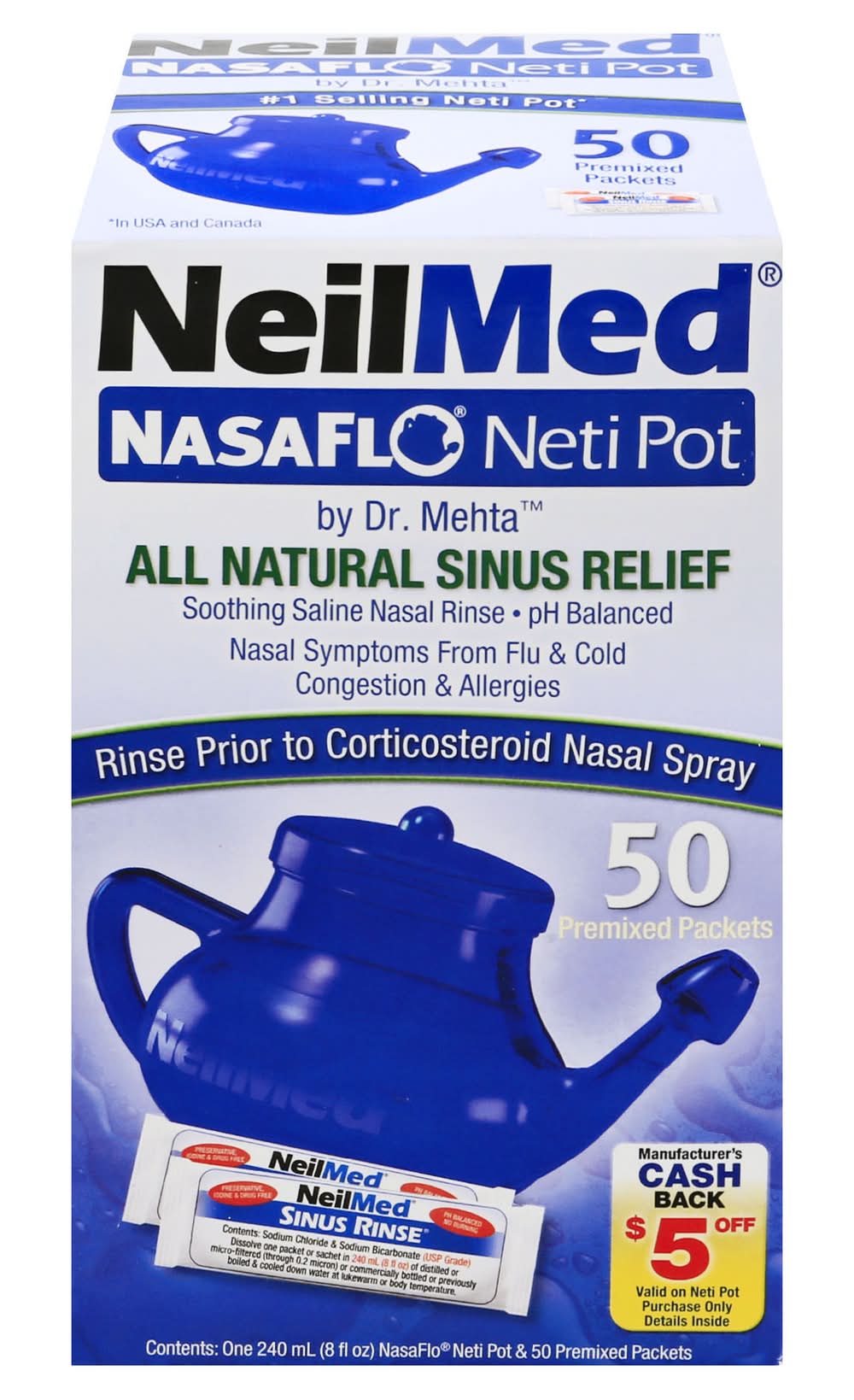 NeilMed Nasaflo Neti Pot Sinus Relief With Premixed Packets (50 x 8 fl oz)