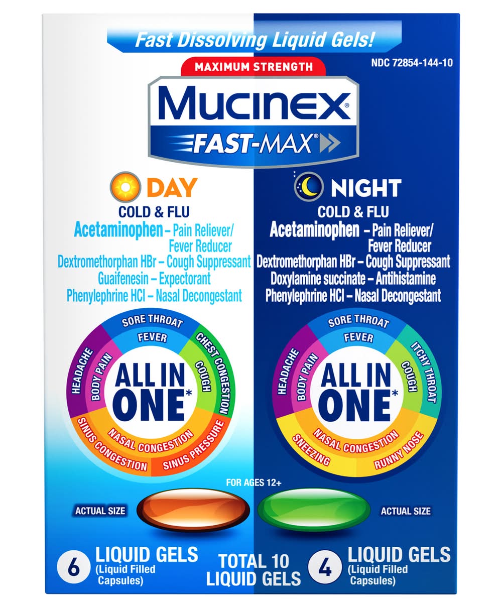 Mucinex Fast-Max Day Night Hydra Cold & Flu Liquid Gels 12+ Y (10 ct)