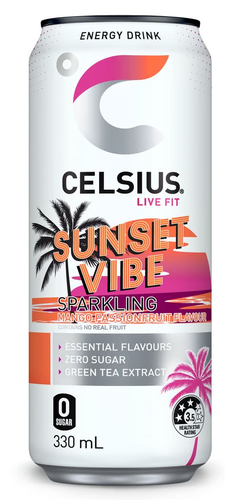 Celsius Live Fit Sunset Vibe Sparkling Energy Drink, Mango Passionfruit (330mL)
