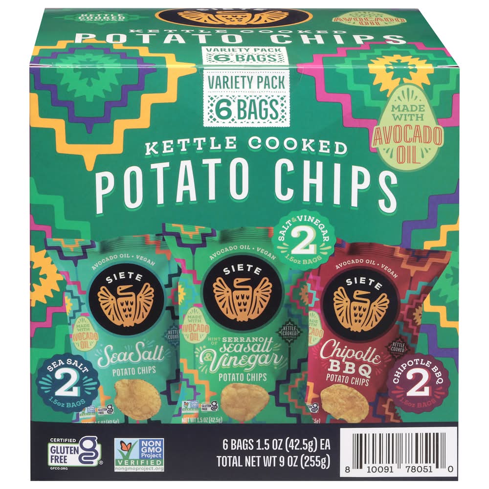 Siete Foods Kettle Cooked Potato Chips Variety pack, Assorted (1.5 oz, 6 ct)