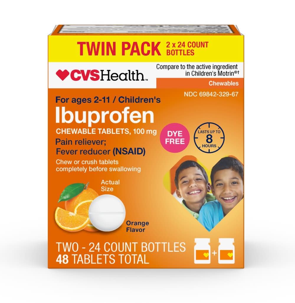 CVS Health Pain Reliever & Fever Reducer Ibuprofen 100 mg Chewable Tablets For 2-11 Ages, Orange (48 ct)