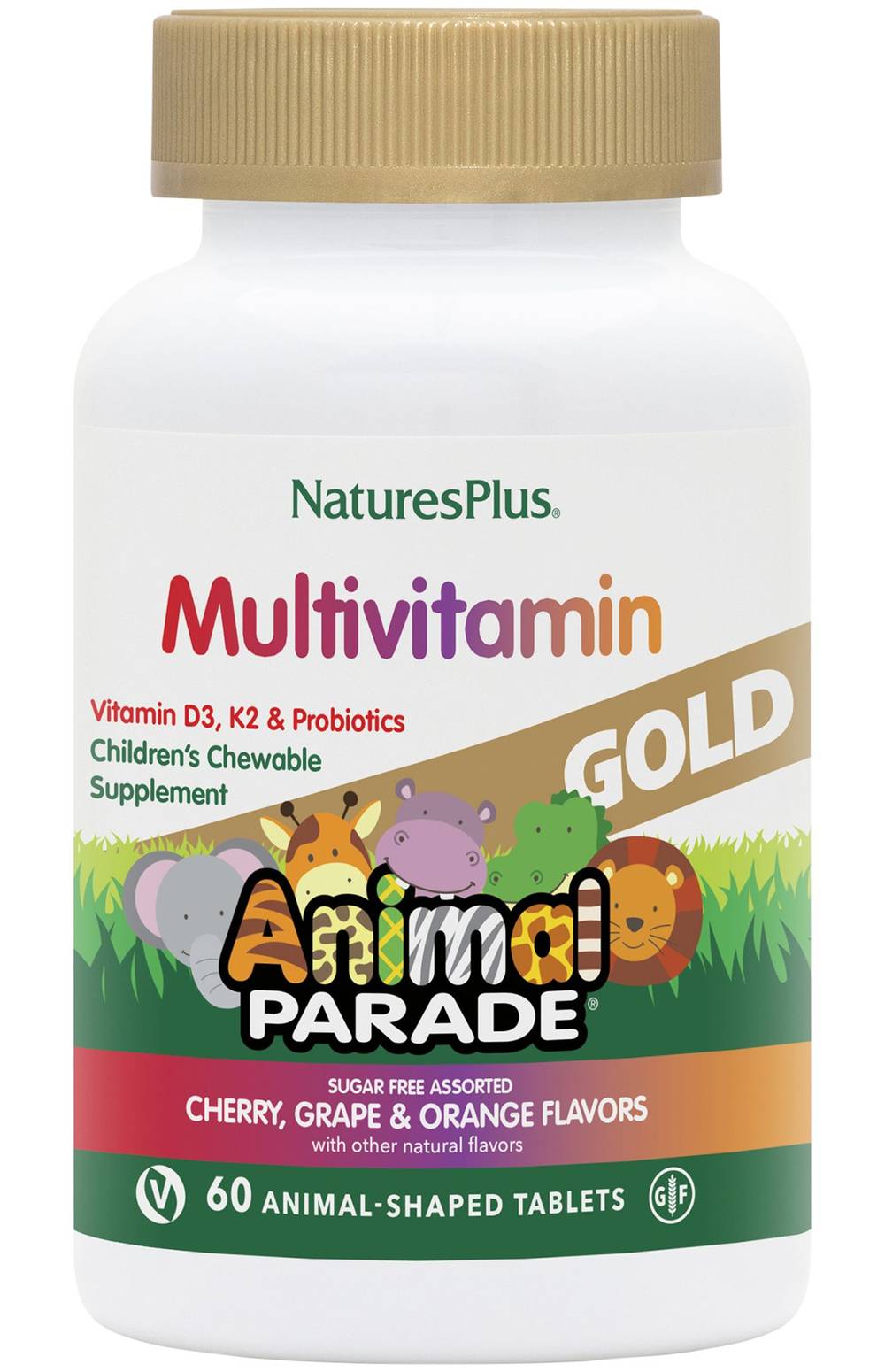 Animal Parade Gold Multivitamin For Kids With Organic Whole Foods - Cherry, Orange & Grape (60 Chewable Tablets)