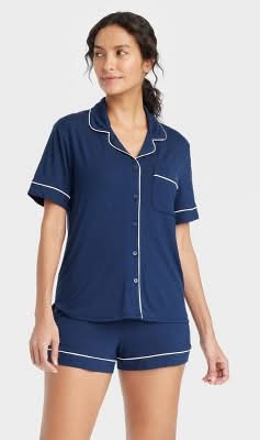 Auden Cloud Knit Short Sleeve Notch Collar Top and Shorts Pajama Set, Women, S, Navy Blue