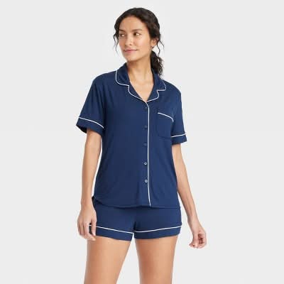 Auden Cloud Knit Short Sleeve Notch Collar Shirt and Shorts Pajama Set, Women, XL, Navy Blue