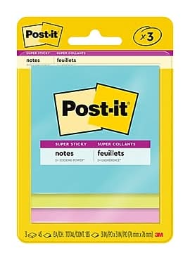 Post-it Super Sticky Notes, 3 x 3, Supernova Neons Collection, 45 Sheets/Pad, 3 Pads/Pack (3321-SSMIA)