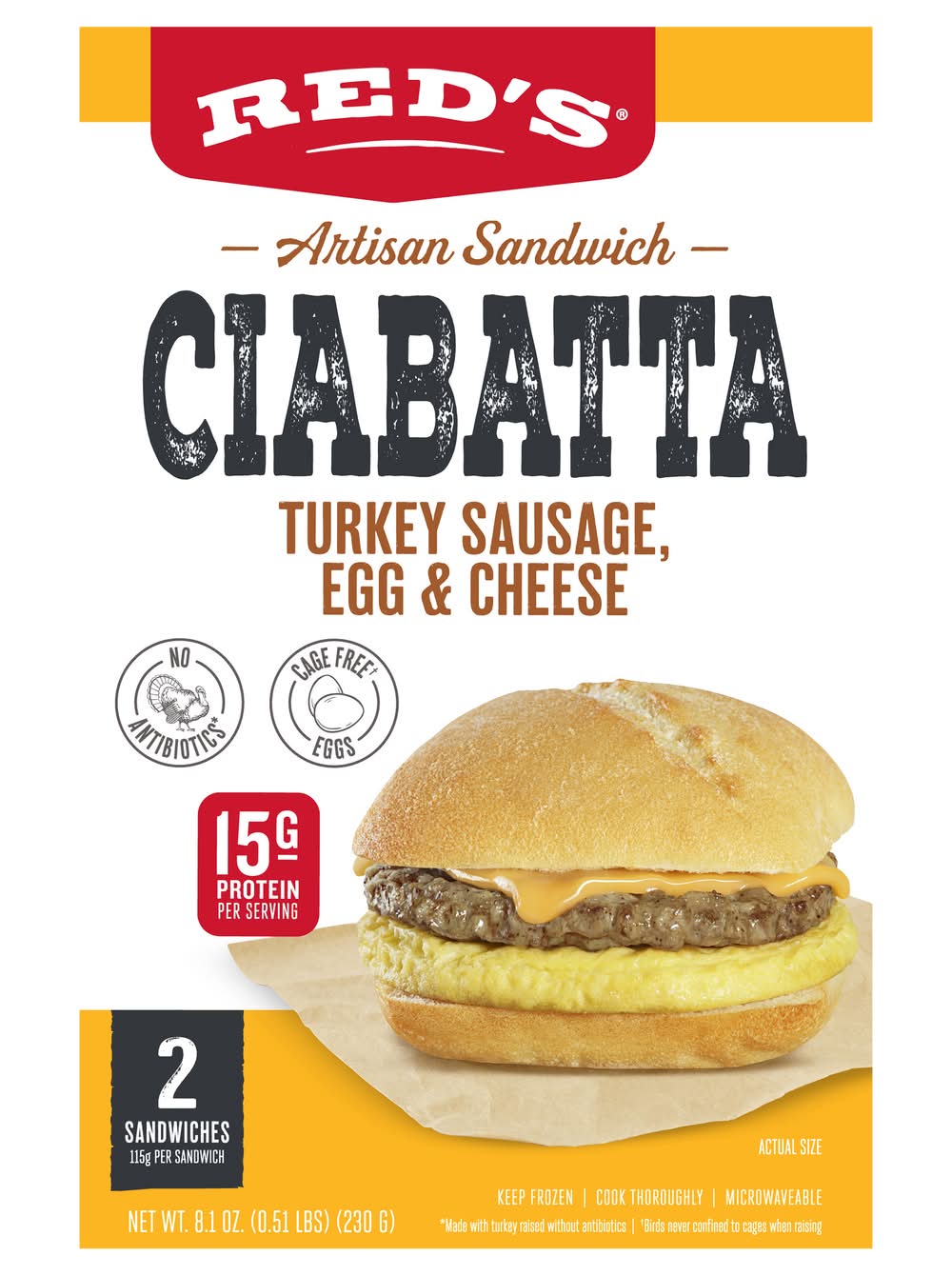 Red's Ciabatta Artisan Turkey Sausage Egg & Cheese Sandwich (4.05 oz, 2 ct)