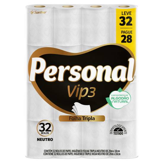 Personal papel higiênico folha tripla vip3 neutro (32 rolos)