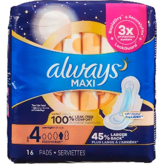 Always Maxi Leak Free Overnight Flexi Wings Pads, Size 4 (16 ct)