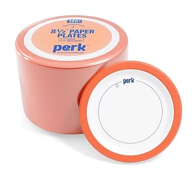 Perk™ Medium-Weight Paper Plates, 8.5, White/Orange, 125/Pack (PK54329)