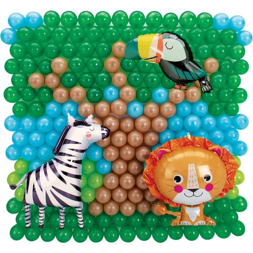 Uninflated Air-Filled Safari Lion, Toucan Zebra Foil Latex Balloon Backdrop Kit, 6.25ft x 5.9ft