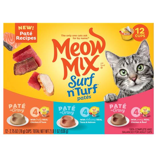 Meow Mix Gravy Wet Cat Food Variety Pack, Surf N’ Turf Patés (chicken &beef)
