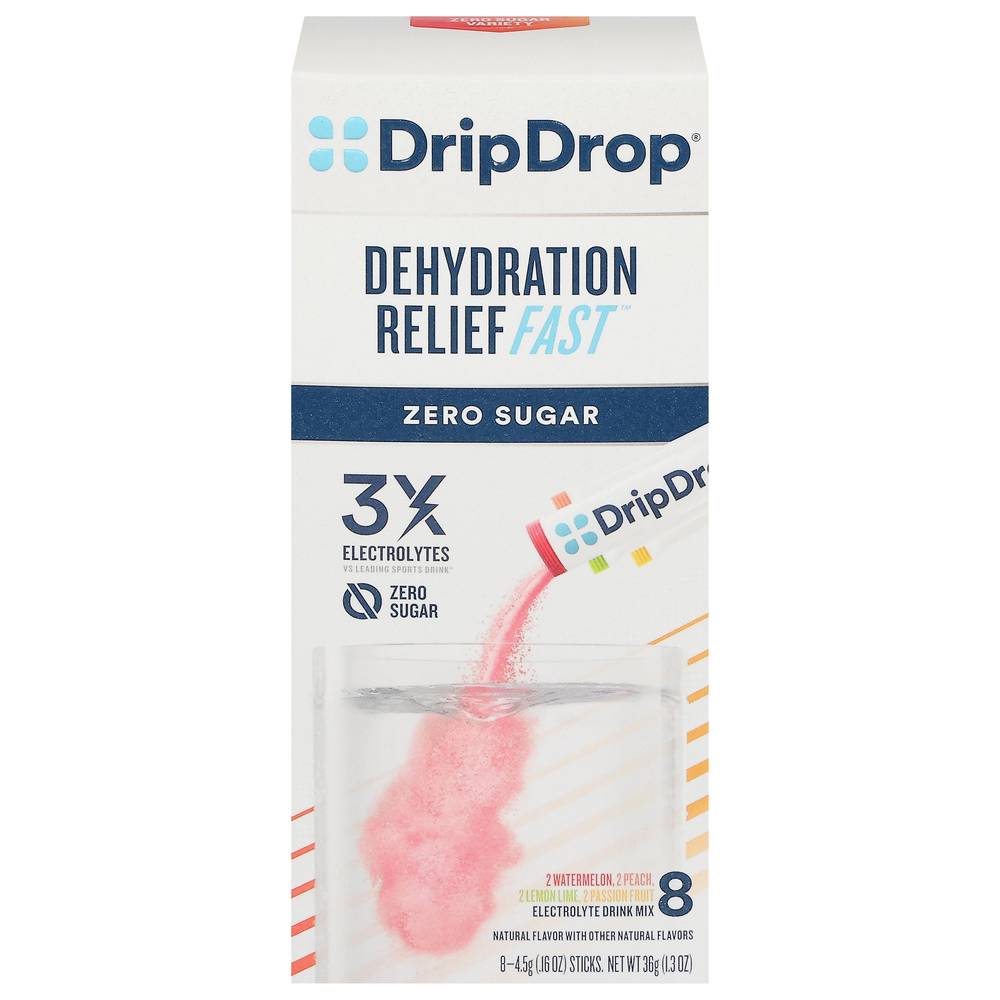 Drip Drop Dehydration Relief Zero Sugar Electrolyte Drink Mix, Lemonlime-Watermelon-Peach-Passionfruit (0.16 oz, 8 ct)