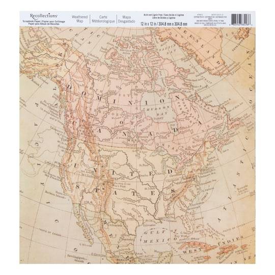 Weathered Map Scrapbook Paper By Recollections, 12" X 12"