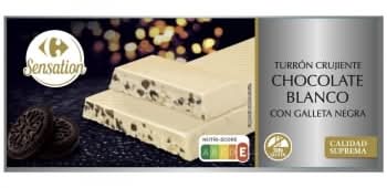 Turrón crujiente chocolate blanco con galleta negra Carrefour Sensation sin gluten 200 g.