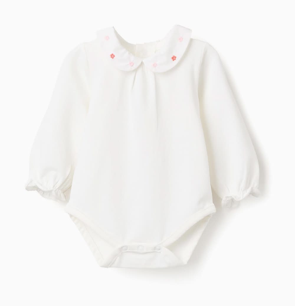 Body De Manga Comprida Com Flores E Folhos Para Recém-Nascida, Branco (Branco - 3/6M)