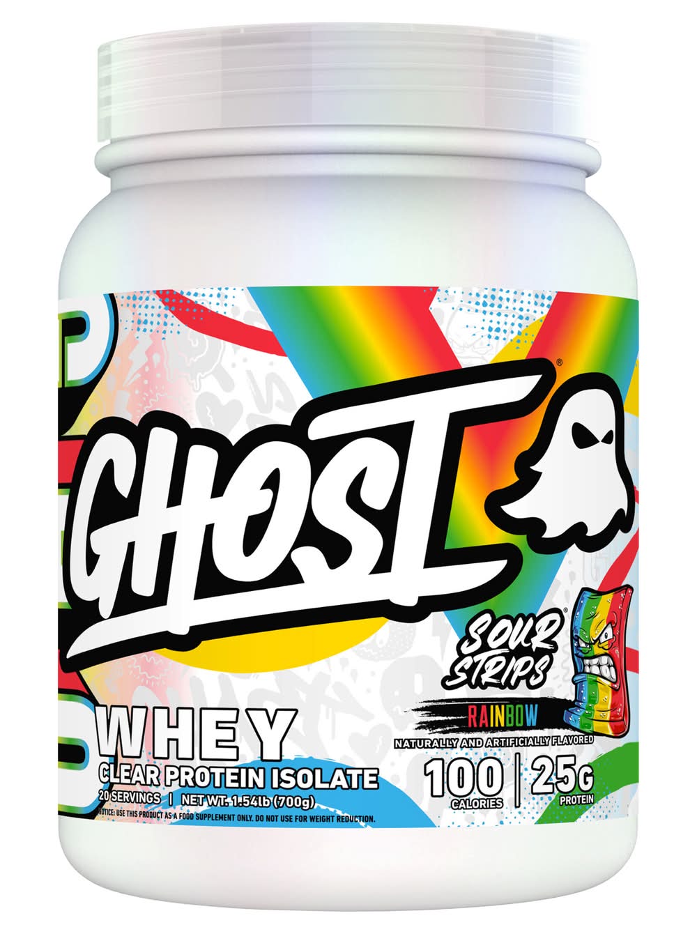 Ghost Clear Whey Protein Isolate Powder, Sour Strips Rainbow (1.54 lbs)