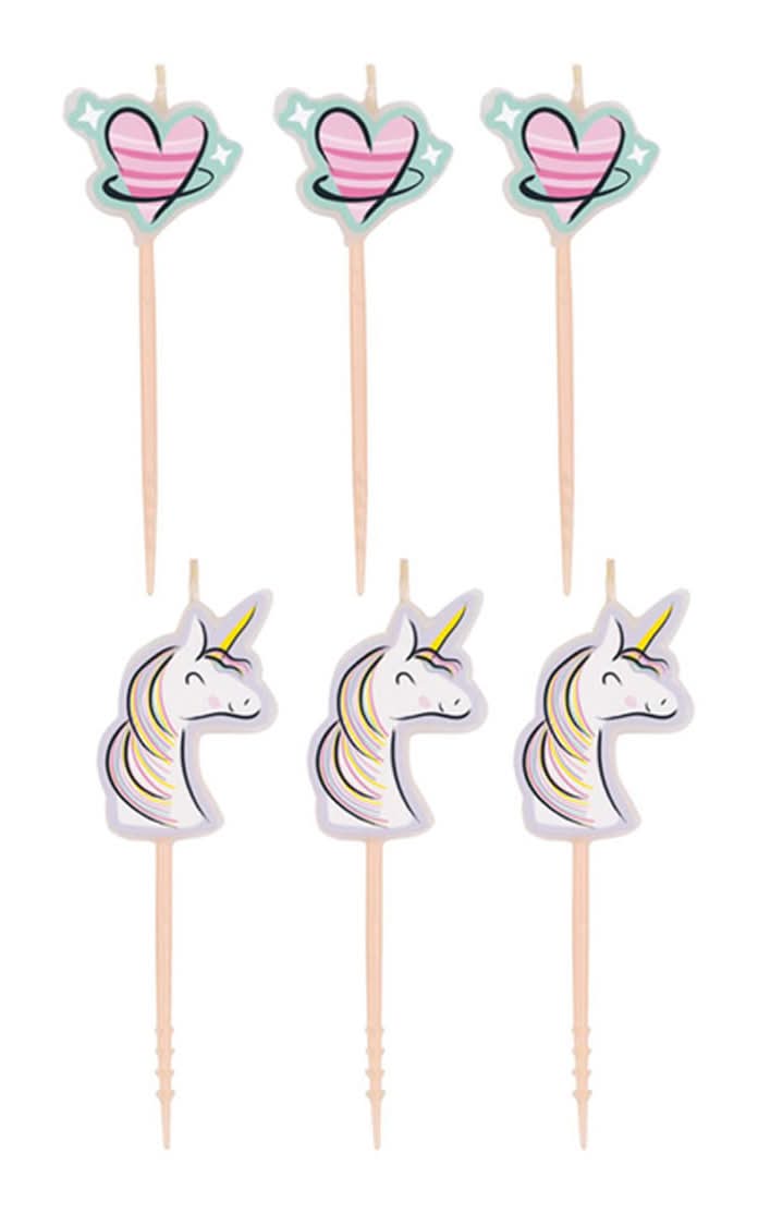 321 Party! Starry Unicorns & Heart Pick Birthday Candles 6 Ct