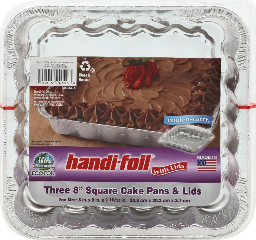Handi-Foil Cook-N-Carry Square Cake Pans & Lids, 20.3x20.3x3.7 cm (3 ct)