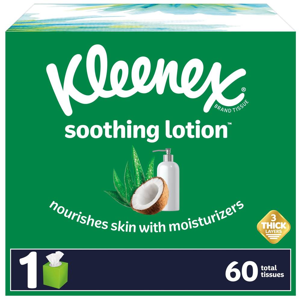 Kleenex Soothing Lotion Facial Tissues With Coconut Oil, Aloe & Vitamin E, 1 Cube Box, 60 Ct