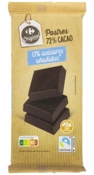 Chocolate negro 72% cacao especial postres Carrefour Original sin gluten y sin azúcar añadido 200 g.