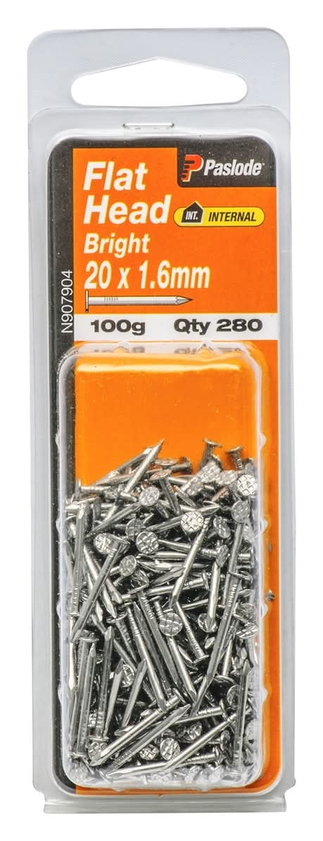 Paslode 20 x 1.6mm 100g Bright Steel Flat Head Nails - 280 Pack