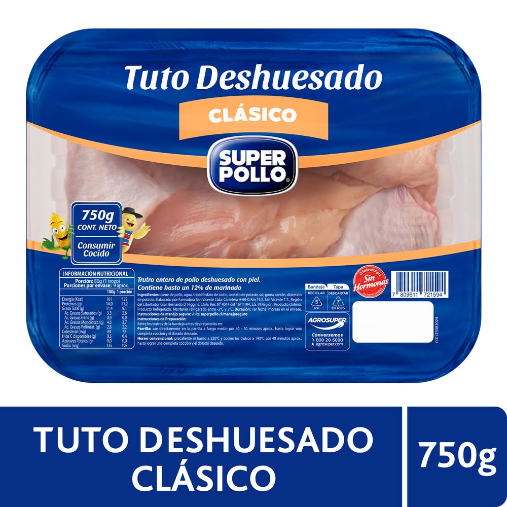 Súper Pollo · Tuto entero de pollo deshuesado con piel (750 g)
