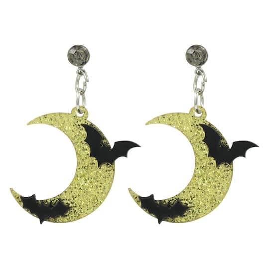 Celebrate It Glitter Moon & Bats Dangle Earrings, 1.38" x 2.1", Gold-Black