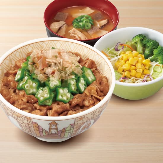 かつぶしオクラ牛丼とん汁サラダセット