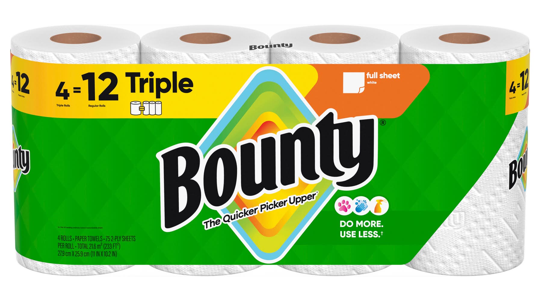 Bounty Full Sheet 2 Ply Triple Paper Towels Rolls, 11x10.2 in, White (4 ct)
