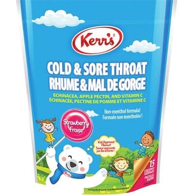 Kerr's Cold & Sore Throat Kid's Lollypop Lozenges, Strawberry (15 ct)