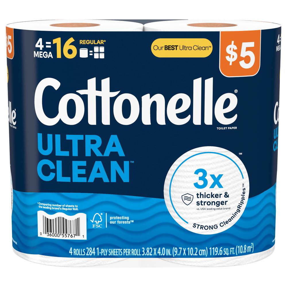 Cottonelle Ultra Clean Toilet Paper, 3.82 in X 4 in, White (4 ct)