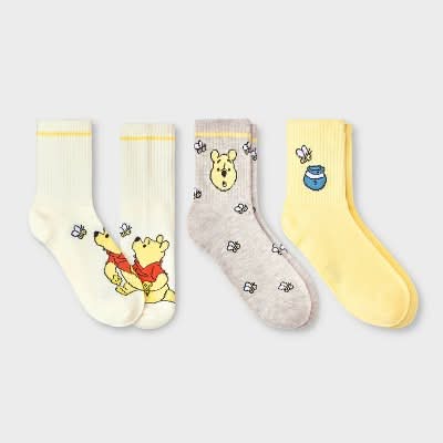 Disney Winnie the Posh Mid Crew Socks, Women, 4-10, Ivory/Oatmeal Heather/Yellow (3 ct)