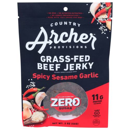 Country Archer Jerky Co Spicy Sesame Garlic Zero Sugar Grass-Fed Beef Jerky