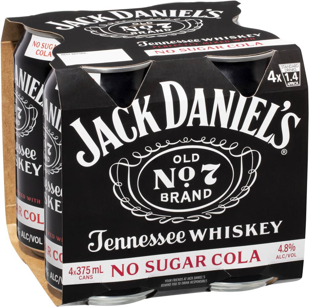 Jack Daniels & No Sugar Cola Can 375mL X 4 pack