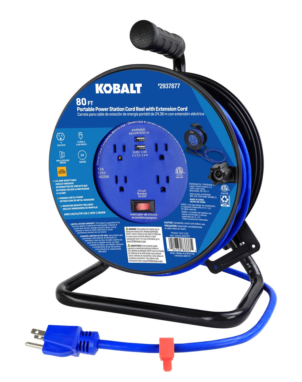 Kobalt 4 Outlet Portable Power Station Cord Reel With 2 Usb Ports, 80 ff,  Black-Blue