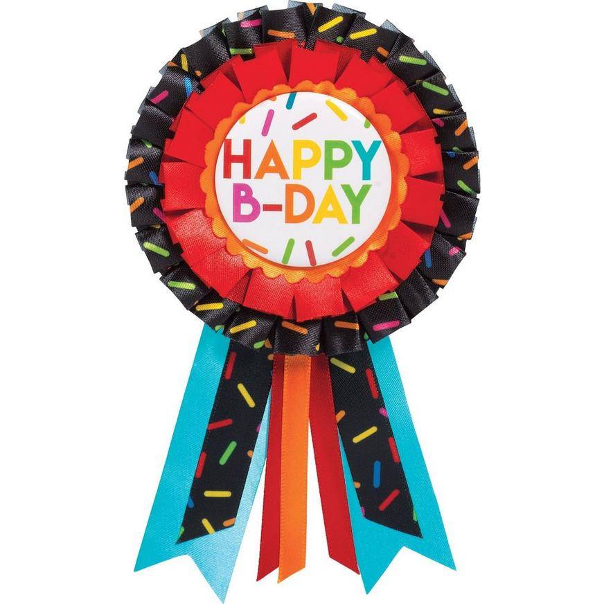 Party City Sprinkles Happy B-Day Fabric Plastic Award Ribbon, 3in x 6.25in, Multi