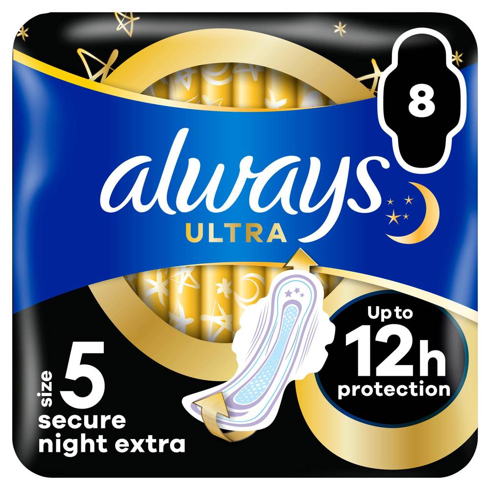 Always Ultra Sanitary Towels Secure Night Extra Wings Pads Size 5 x8