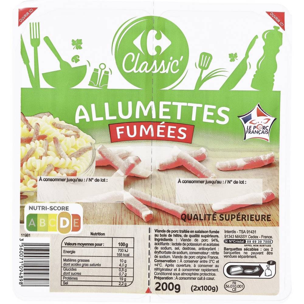 Allumettes fumées CARREFOUR CLASSIC' - les 2 barquettes de 100g