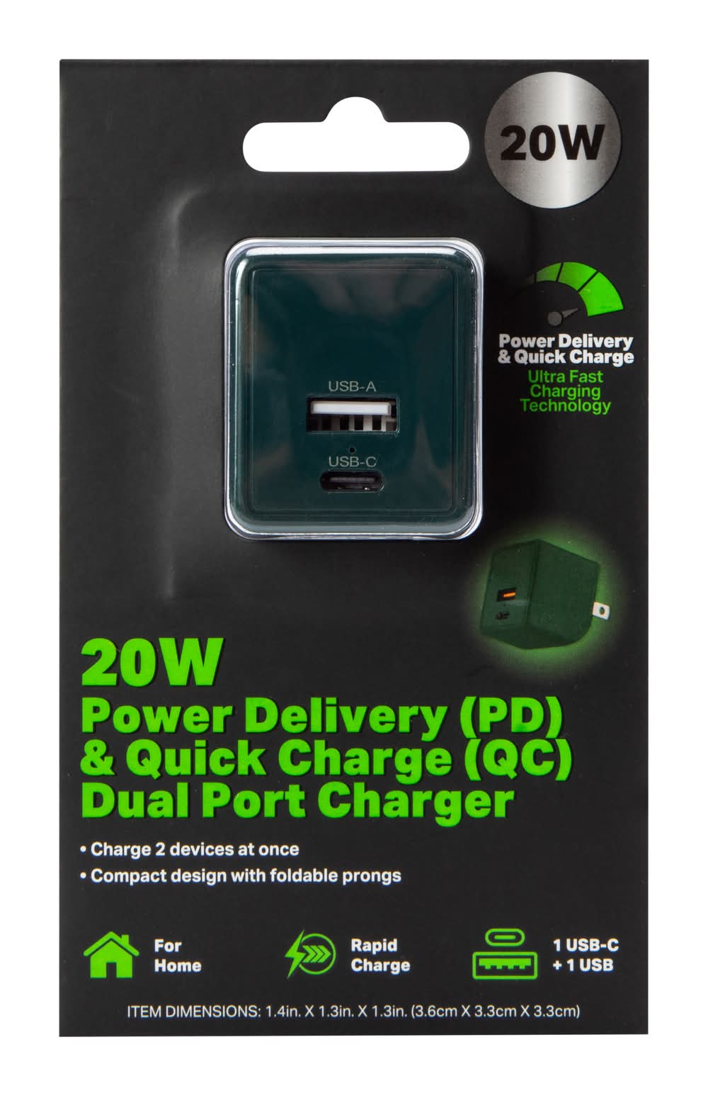20W Power Delivery & Quick Charge Dual Port Wall Charger Green