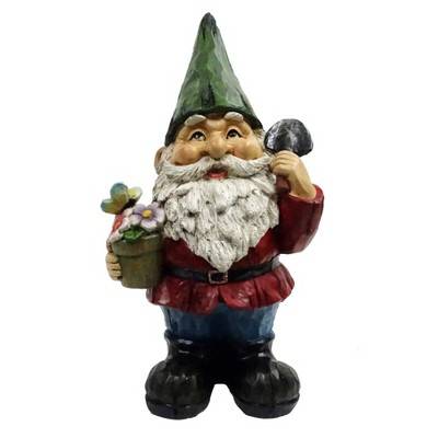 12" Polyresin Gnome With Flower Pot Statue - Alpine Corporation: Outdoor Decorative Sculpture for Patio & Garden