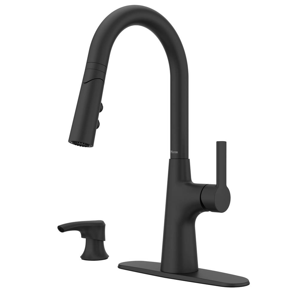 Pfister Tasso Spot Defense Matte Black Single Handle Pull-down Kitchen Faucet with Sprayer (Deck Plate and Soap Dispenser Included) | F-529-7TSOSDB