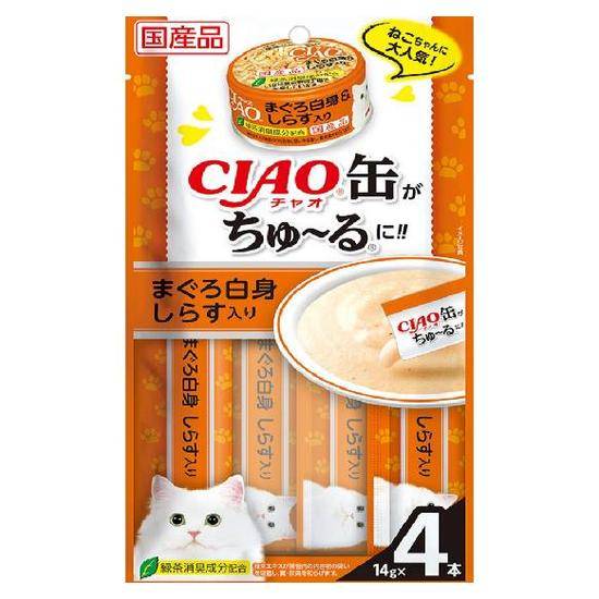 CIAO啾嚕罐罐肉泥-鮪魚白身&吻仔魚14g*4入