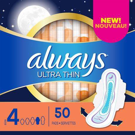 Always Ultra Thin Pads With Wings Overnight Absorbency Size 4 (50 ct)