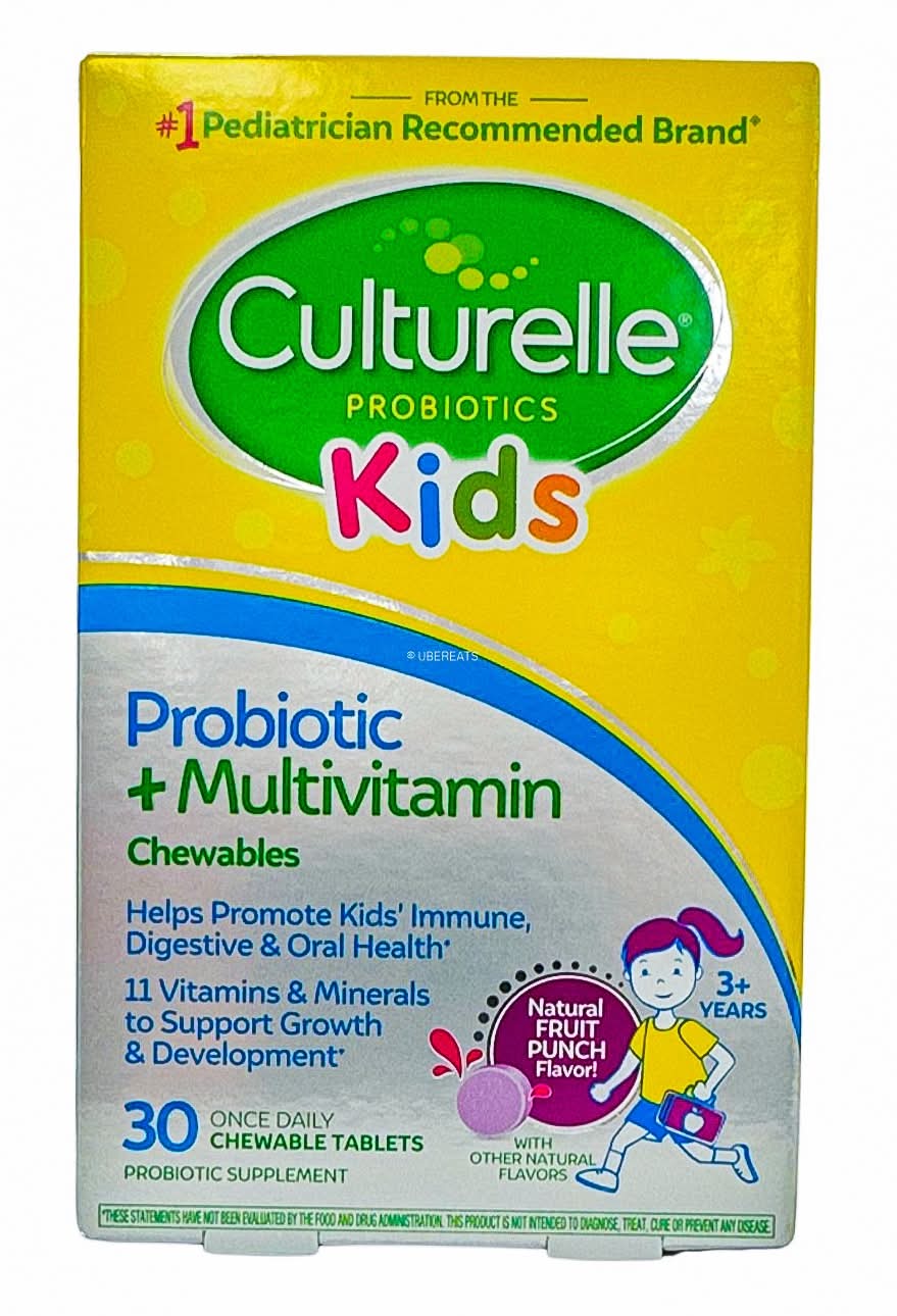 Culturelle 3+Years Kids Daily Probiotic Plus Multivitamin Vegan Chewable For Oral Health Digestive and Immune Support Fruit Punch (30 ct)