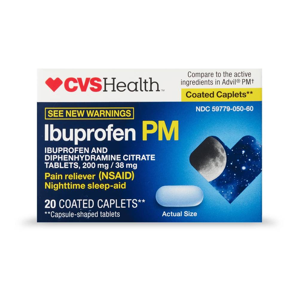 CVS Health, Ibuprofen PM Pain Reliever Coated Caplets, 200 mg, 20 CT